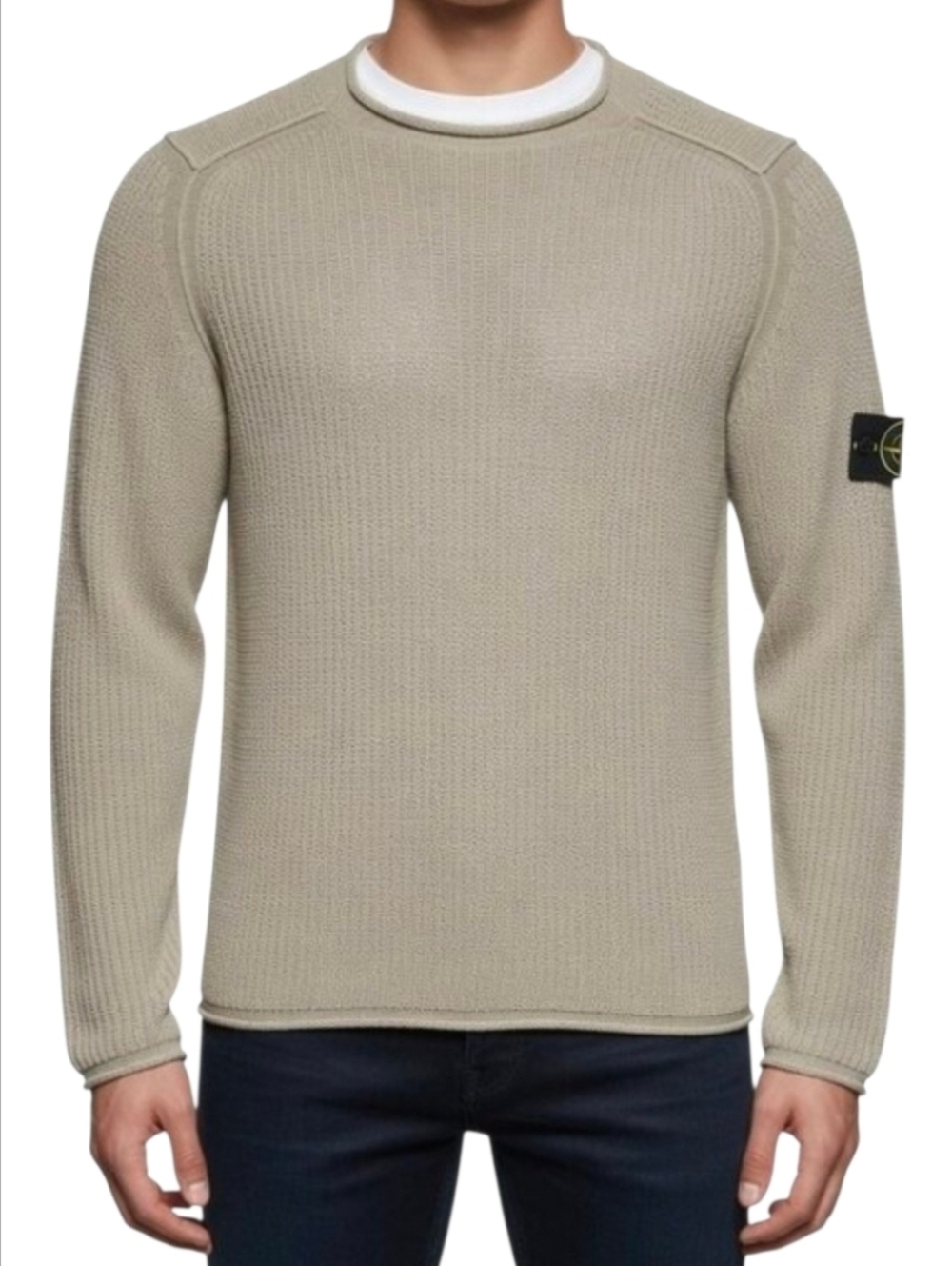 STONE ISLAND | Tan Cotton Nylon Knit Crewneck Sweater Compass Badge Size L